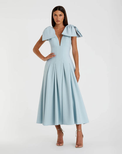 Mac Duggal Blue Crepe A Line Midi Dress With Bow Straps