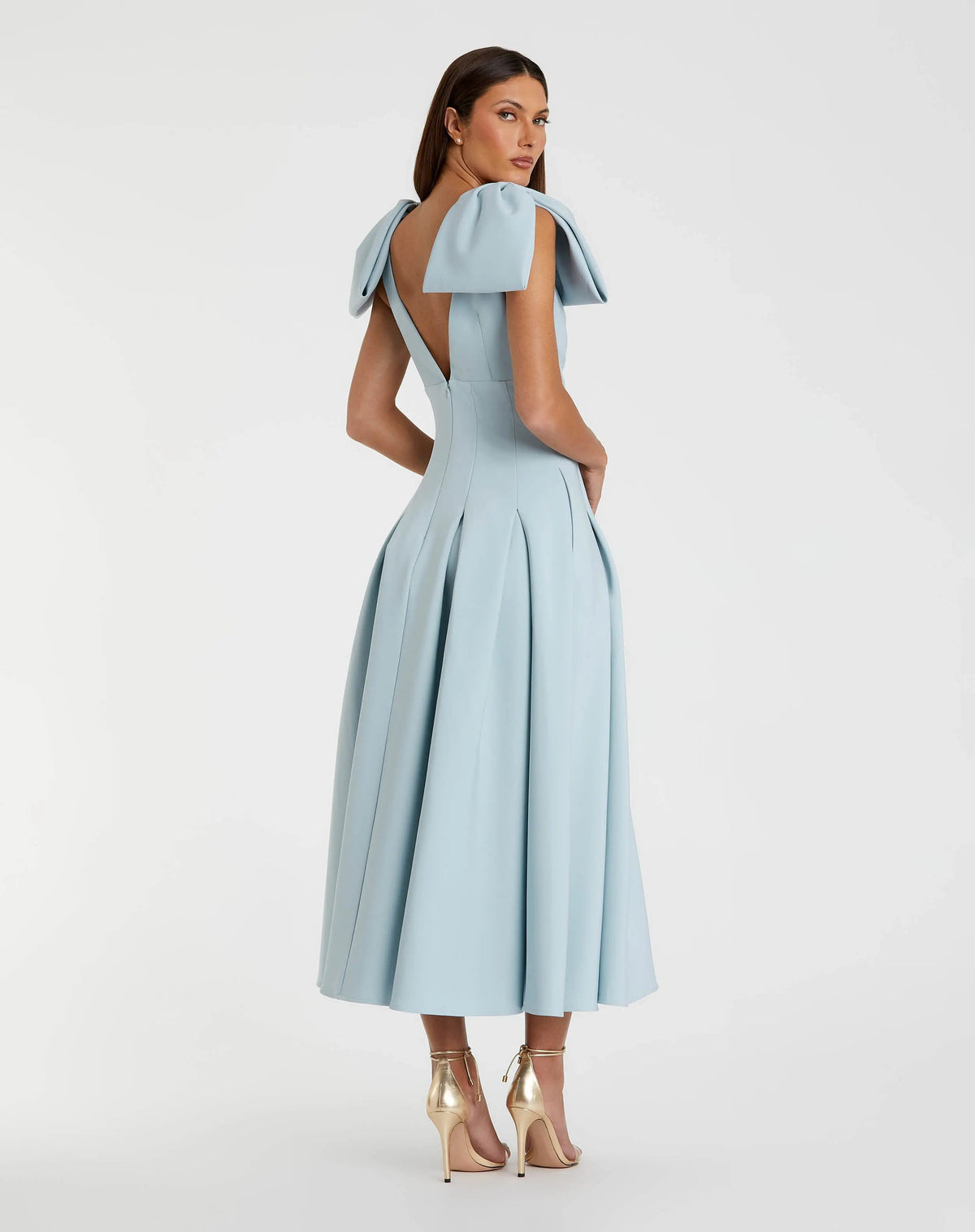 Mac Duggal Blue Crepe A Line Midi Dress With Bow Straps