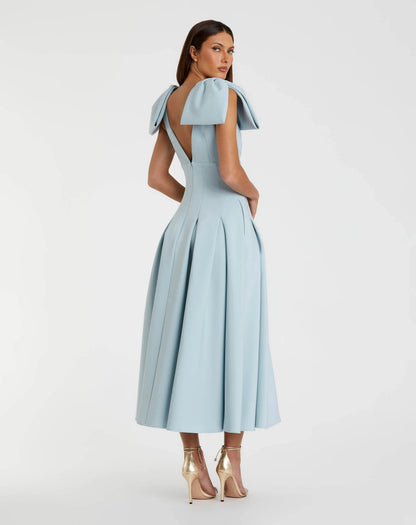 Mac Duggal Blue Crepe A Line Midi Dress With Bow Straps