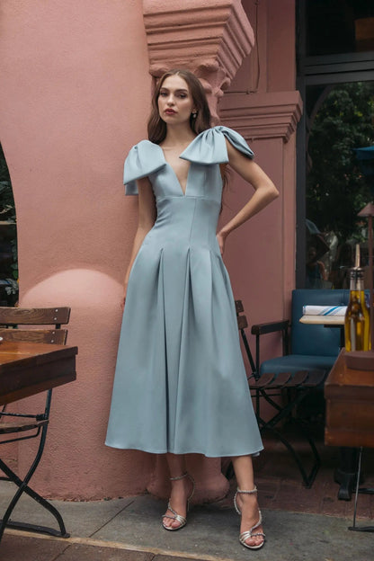 Mac Duggal Blue Crepe A Line Midi Dress With Bow Straps