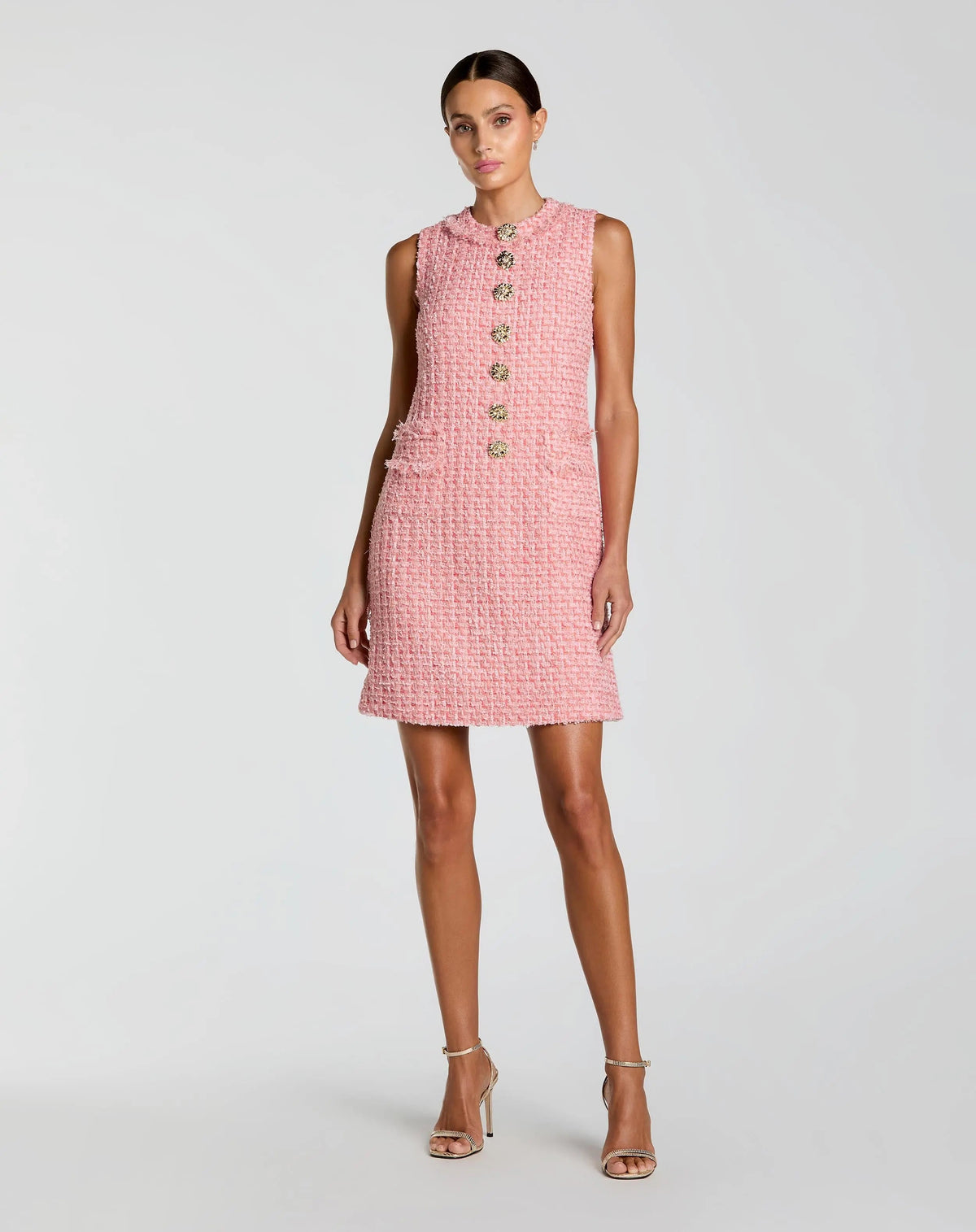 Mac Duggal Pink Boucle Sleeveless Mini Dress with Gold Buttons