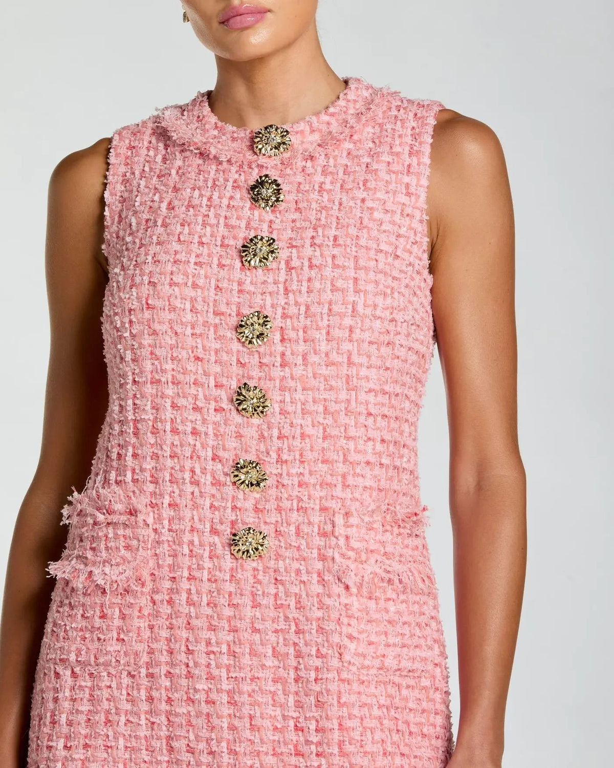 Mac Duggal Pink Boucle Sleeveless Mini Dress with Gold Buttons