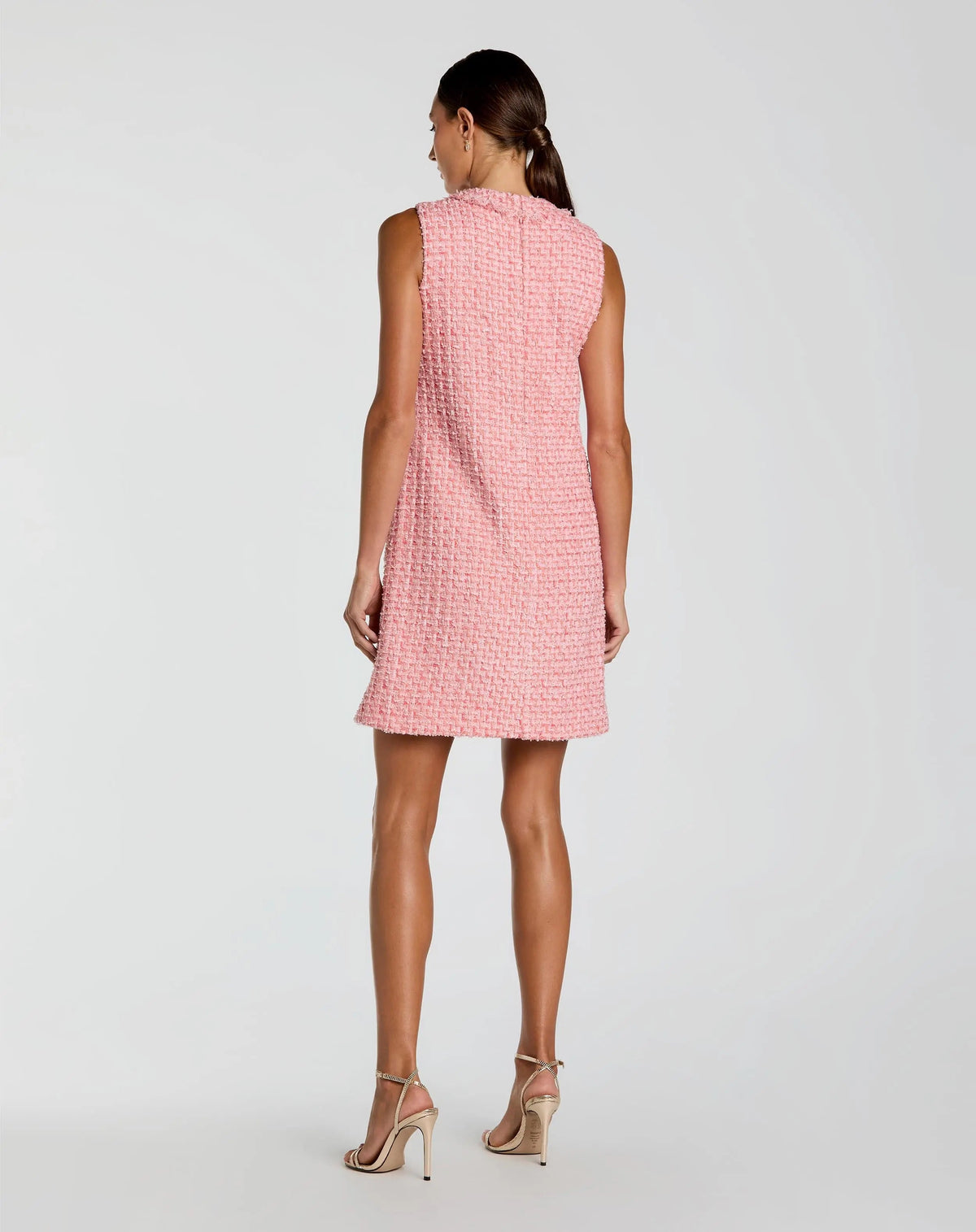 Mac Duggal Pink Boucle Sleeveless Mini Dress with Gold Buttons