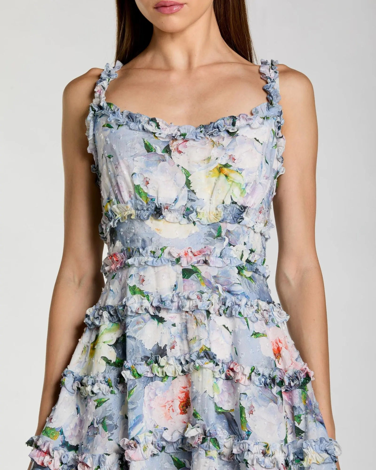 Mac Duggal Blue Floral Square Neck Ruffled Cotton Mini Dress
