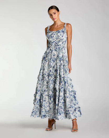 Mac Duggal Blue and White Ruffle Scoop Neck Floral A-Line Dress