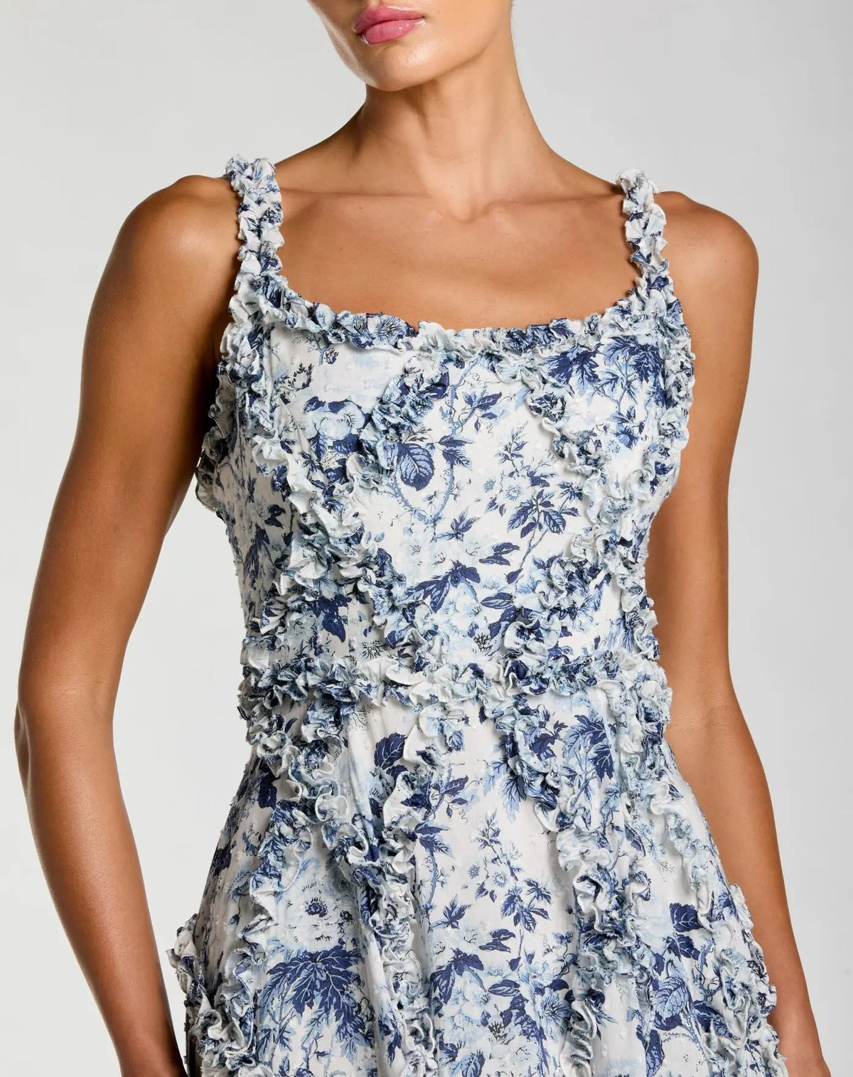 Mac Duggal Blue and White Ruffle Scoop Neck Floral A-Line Dress