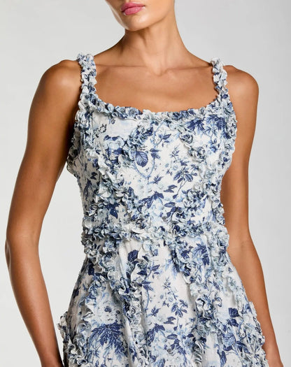 Mac Duggal Blue and White Ruffle Scoop Neck Floral A-Line Dress