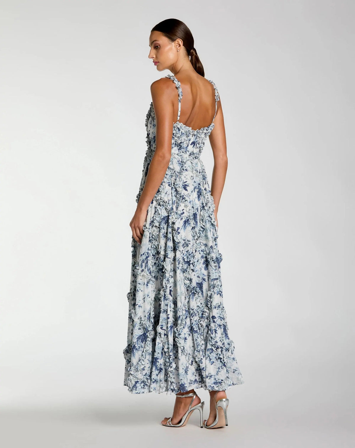 Mac Duggal Blue and White Ruffle Scoop Neck Floral A-Line Dress