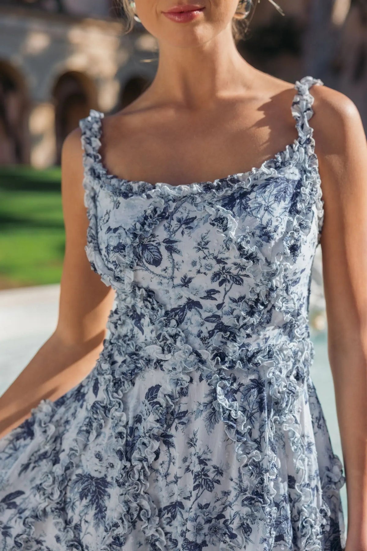 Mac Duggal Blue and White Ruffle Scoop Neck Floral A-Line Dress