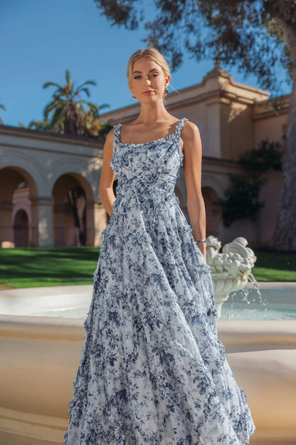 Mac Duggal Blue and White Ruffle Scoop Neck Floral A-Line Dress