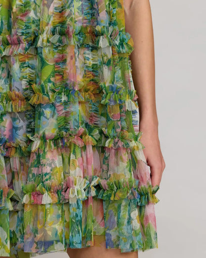 Mac Duggal Green Printed Sleeveless High Neck Ruffle Mini Dress