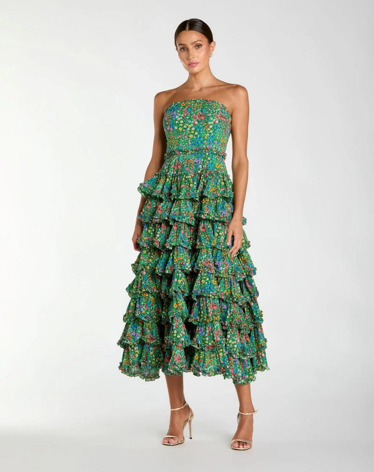 Mac Duggal Green Strapless Floral Cotton Ruffle Midi Dress