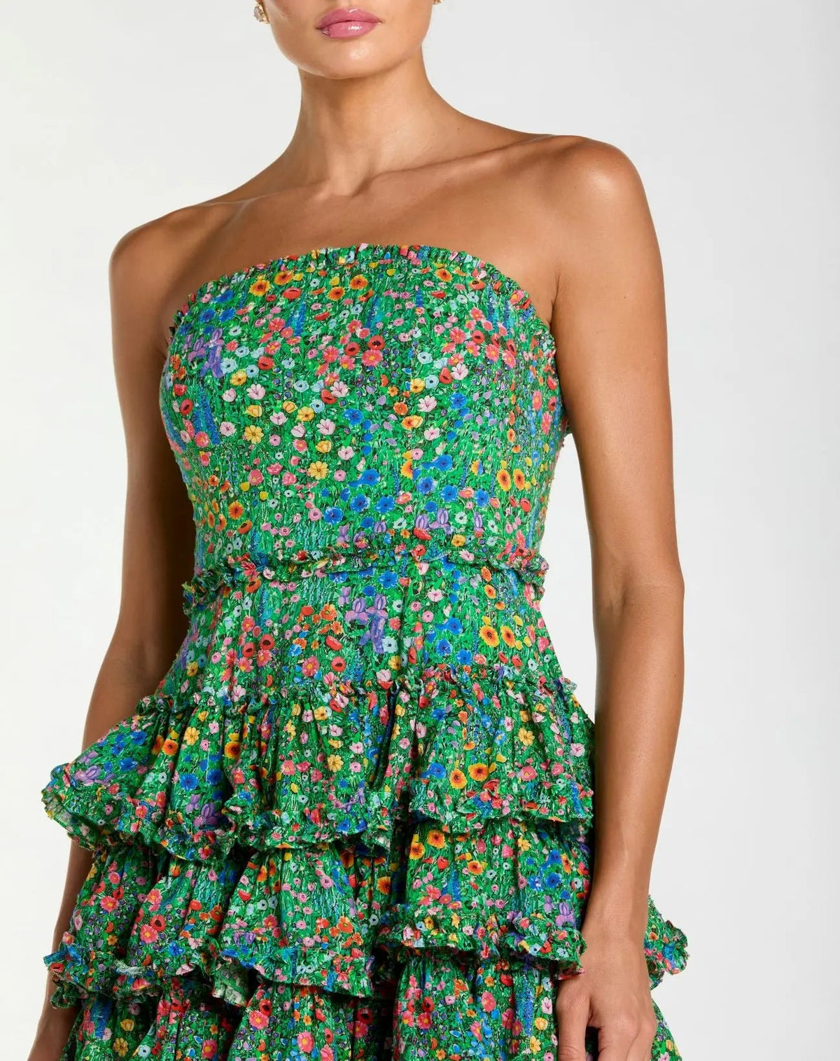 Mac Duggal Green Strapless Floral Cotton Ruffle Midi Dress