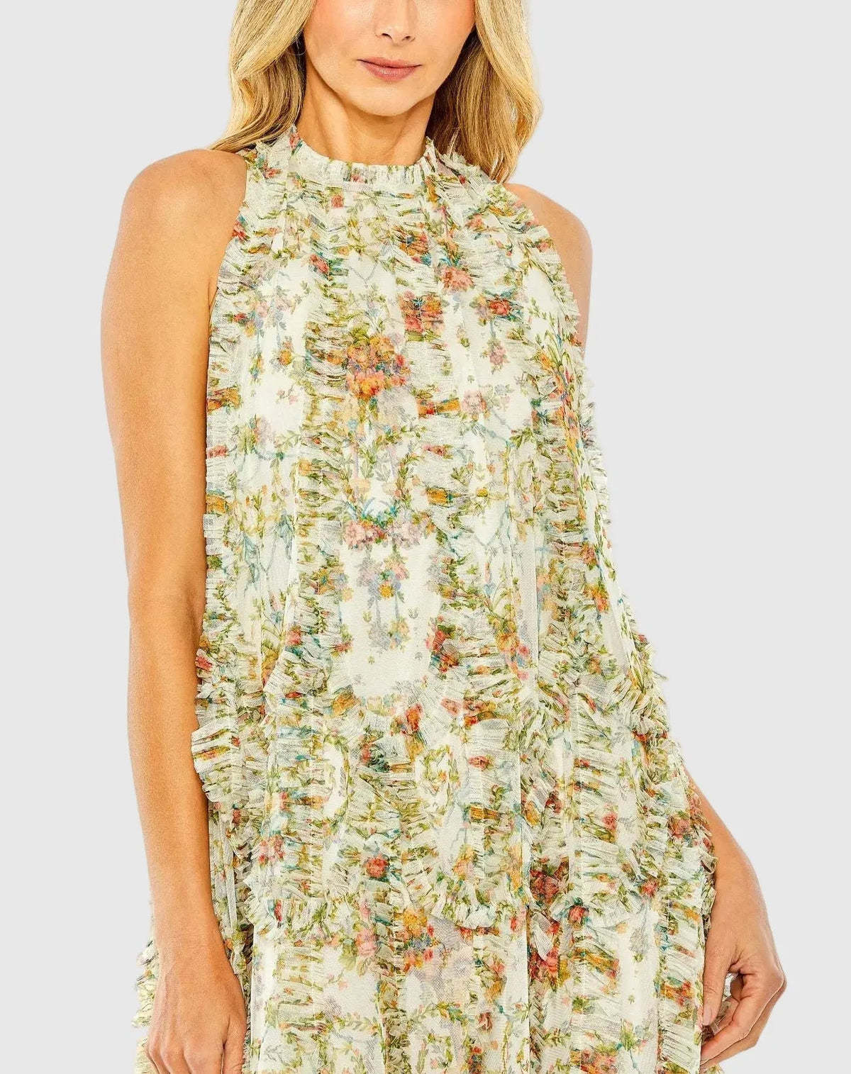 Mac Duggal Ivory Sleeveless High Neck Lattice Ruffle Floral Dress