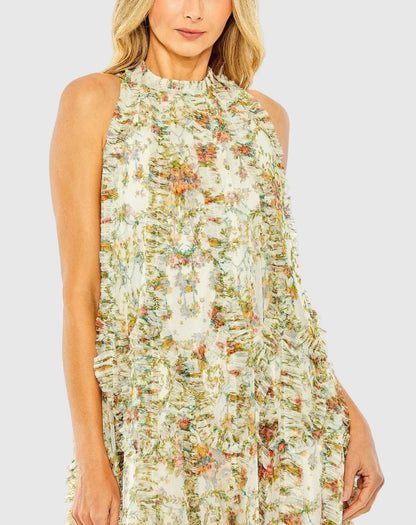 Mac Duggal Ivory Sleeveless High Neck Lattice Ruffle Floral Dress