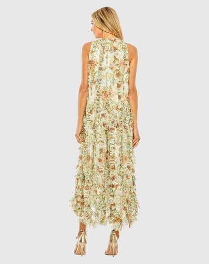 Mac Duggal Ivory Sleeveless High Neck Lattice Ruffle Floral Dress