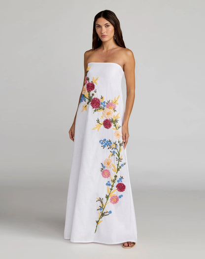Mac Duggal White Strapless Floral Embroidered Linen Gown