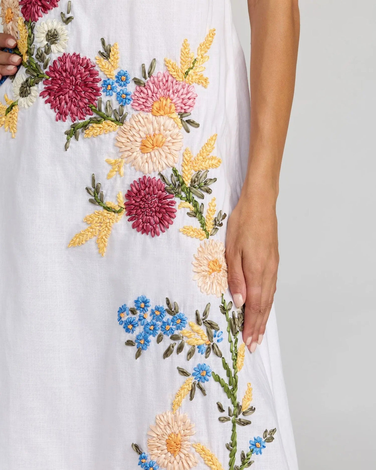 Mac Duggal White Strapless Floral Embroidered Linen Gown