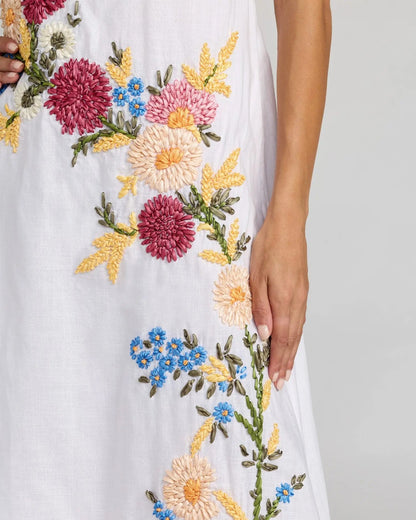 Mac Duggal White Strapless Floral Embroidered Linen Gown