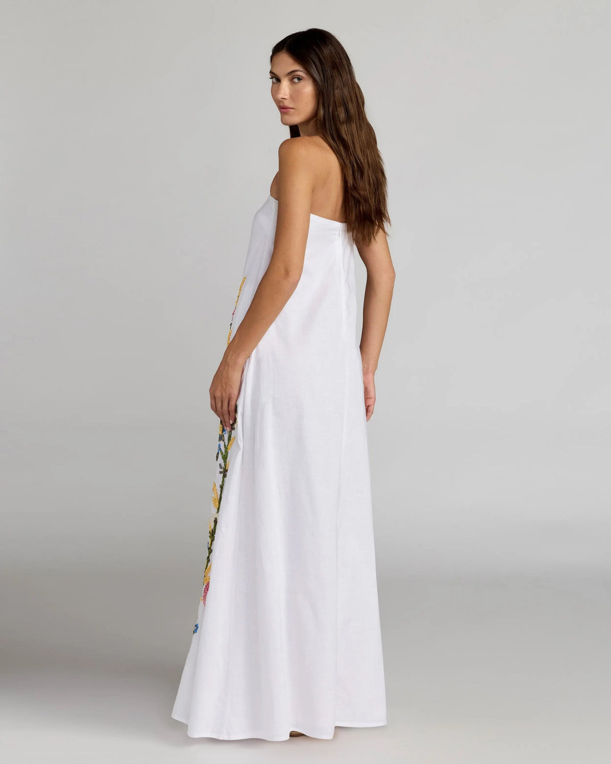 Mac Duggal White Strapless Floral Embroidered Linen Gown