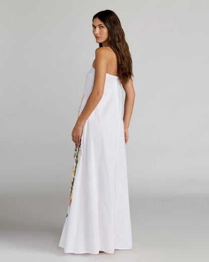 Mac Duggal White Strapless Floral Embroidered Linen Gown