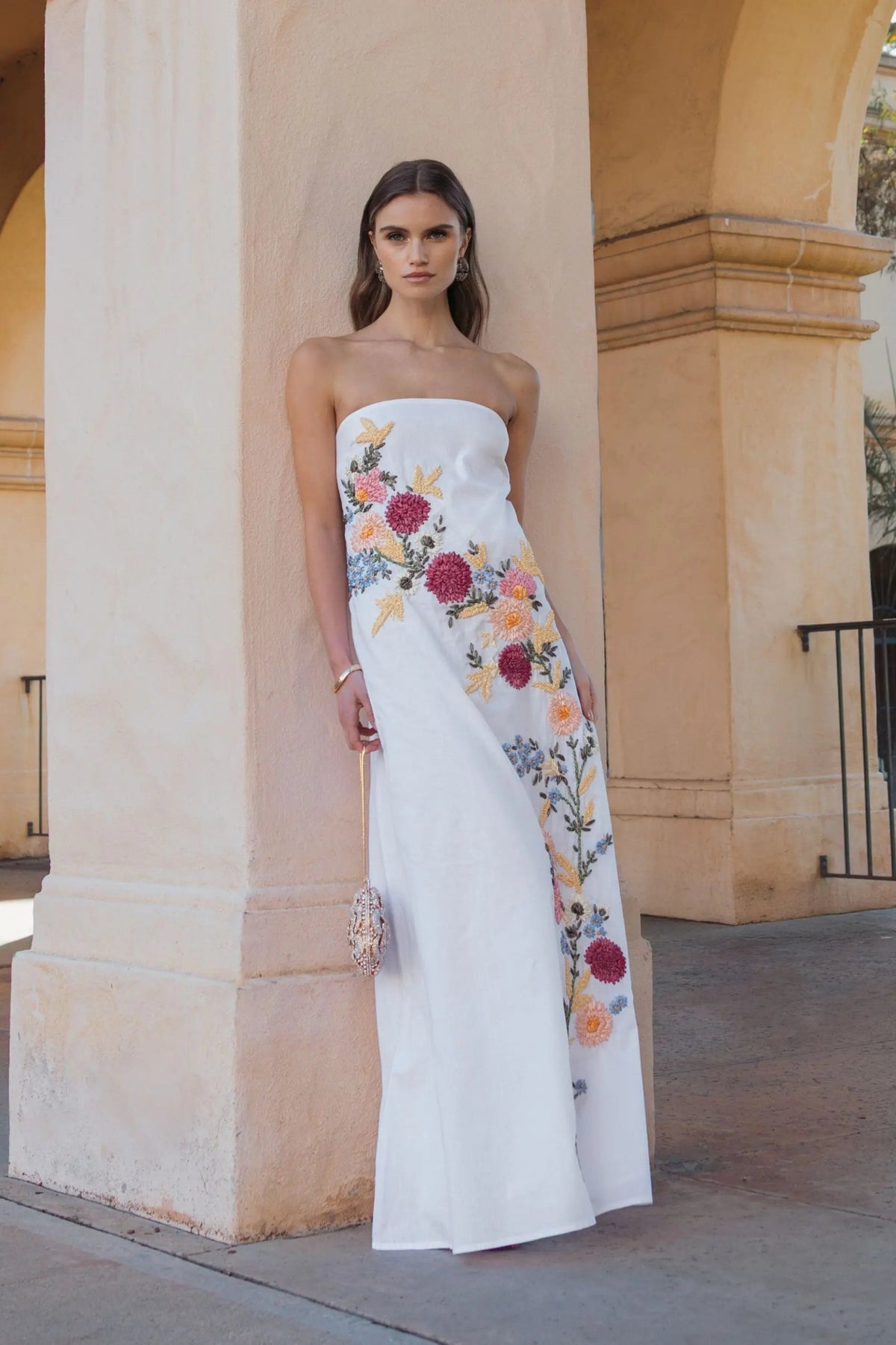 Mac Duggal White Strapless Floral Embroidered Linen Gown