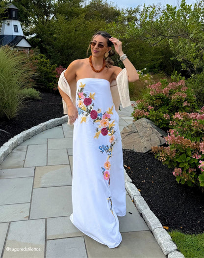 Mac Duggal White Strapless Floral Embroidered Linen Gown