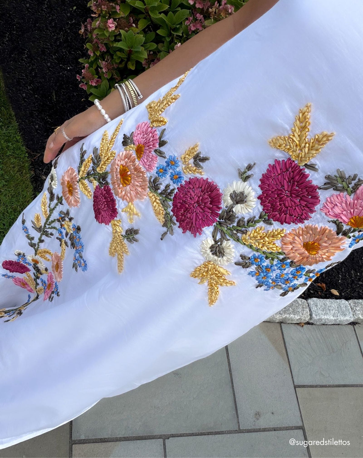 Mac Duggal White Strapless Floral Embroidered Linen Gown