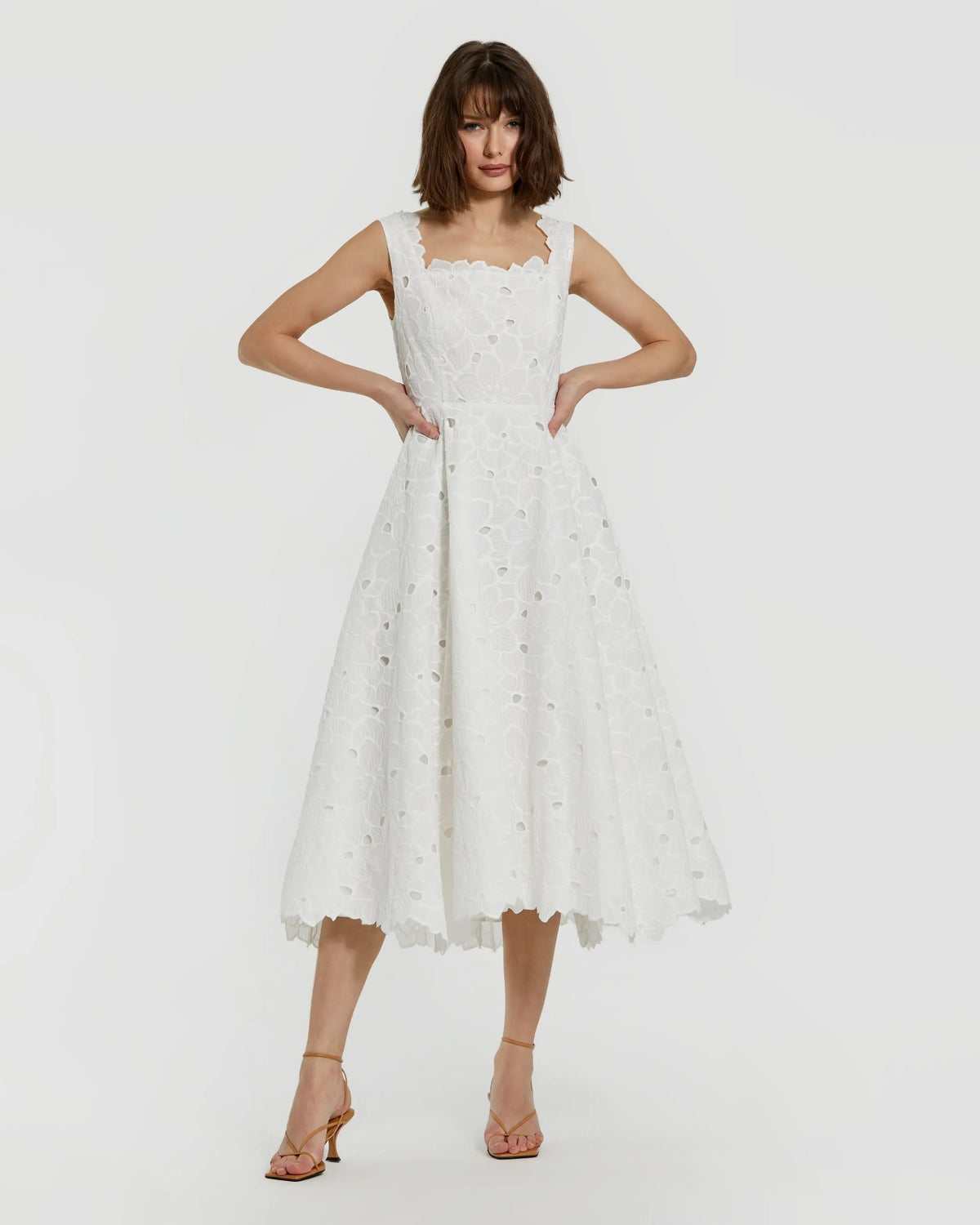 Mac Duggal White Embroidered Cotton A-Line Midi Dress