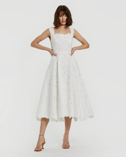 Mac Duggal White Embroidered Cotton A-Line Midi Dress