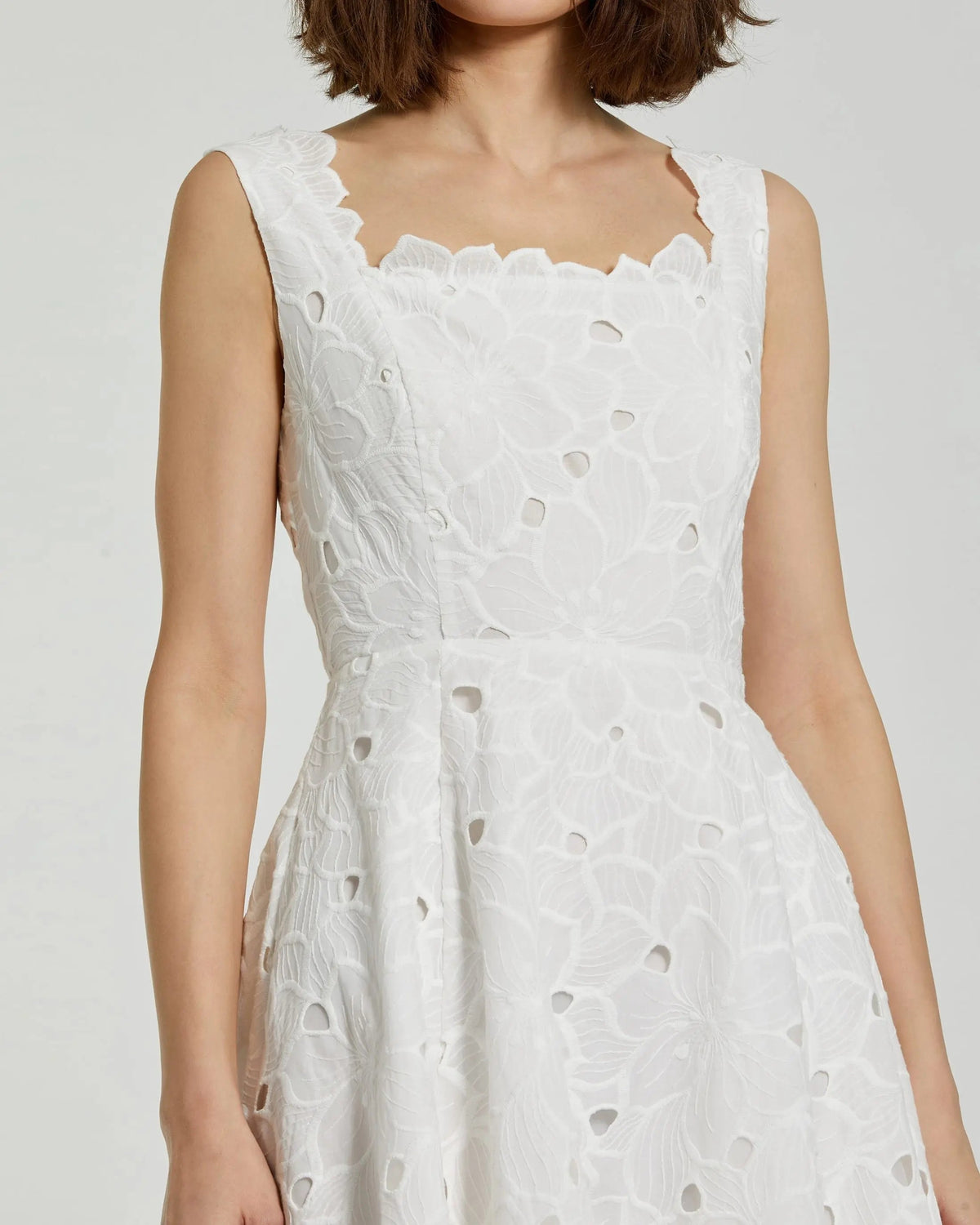 Mac Duggal White Embroidered Cotton A-Line Midi Dress