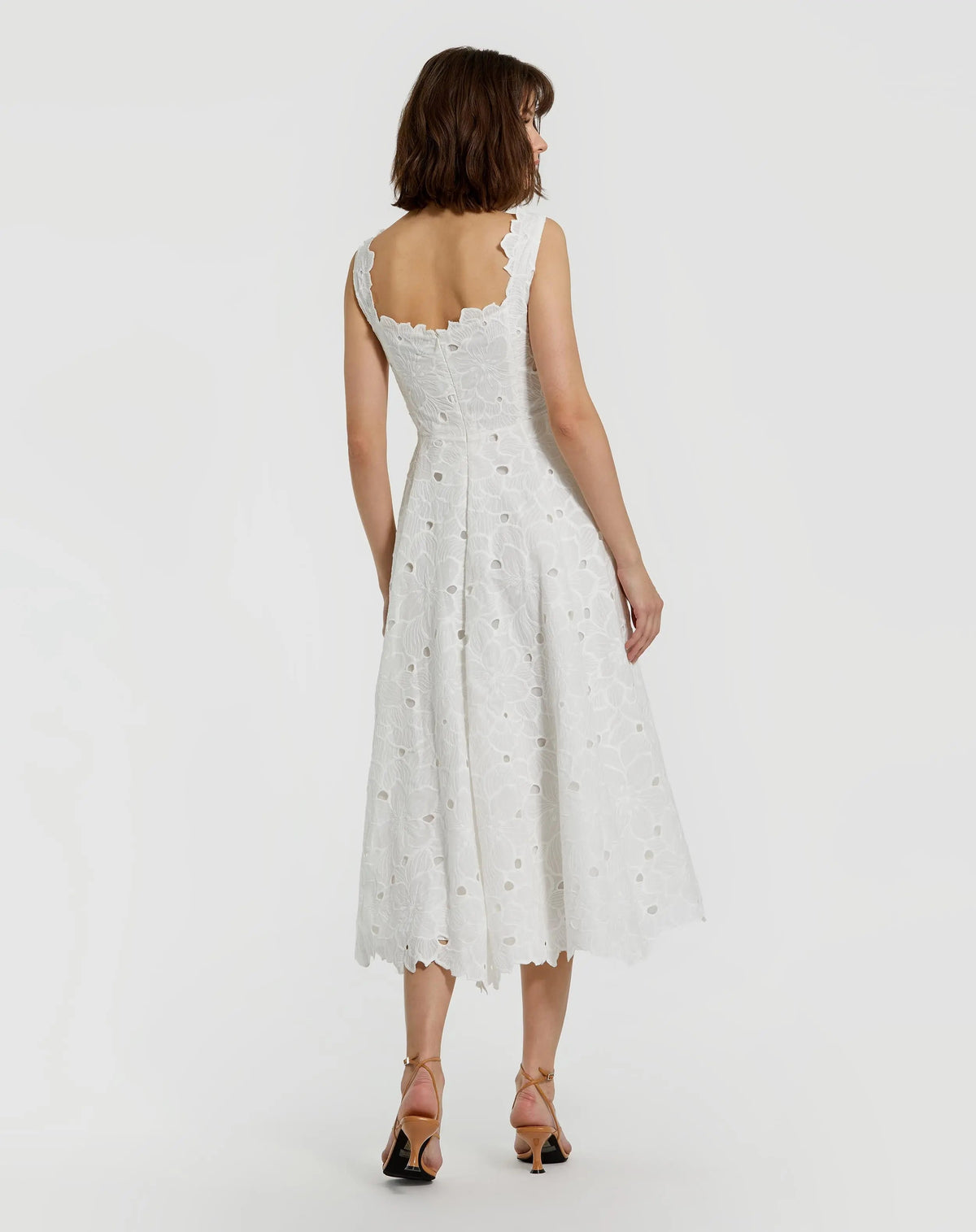 Mac Duggal White Embroidered Cotton A-Line Midi Dress