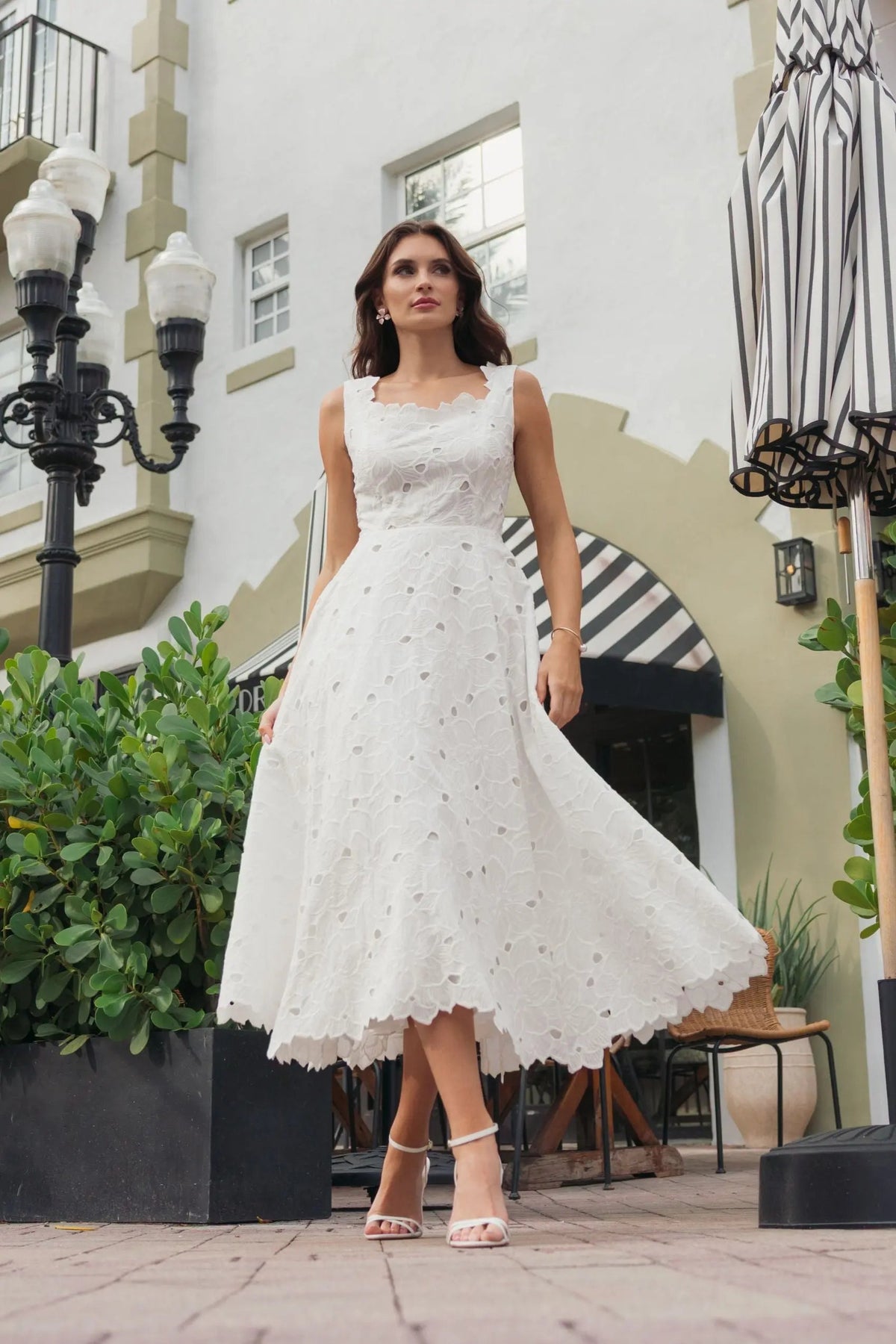 Mac Duggal White Embroidered Cotton A-Line Midi Dress