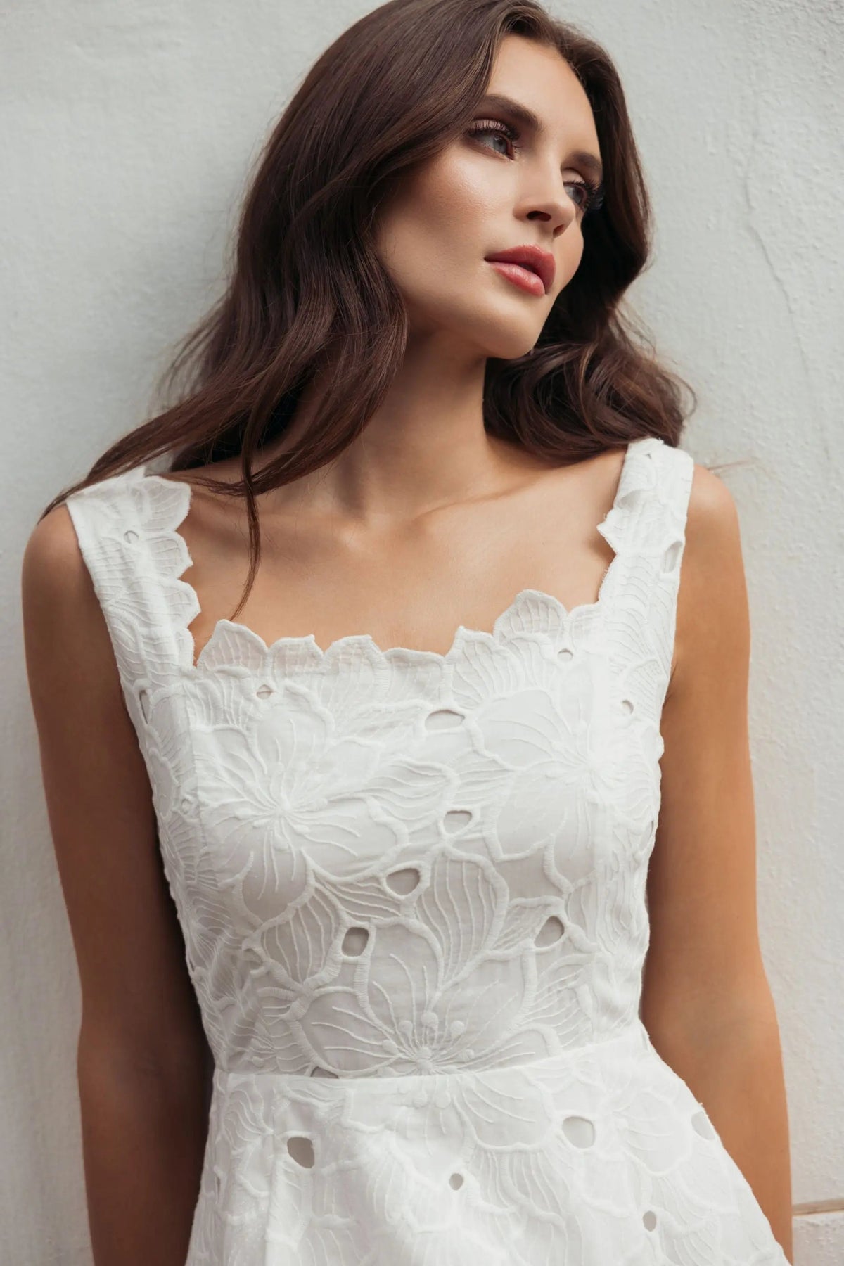 Mac Duggal White Embroidered Cotton A-Line Midi Dress