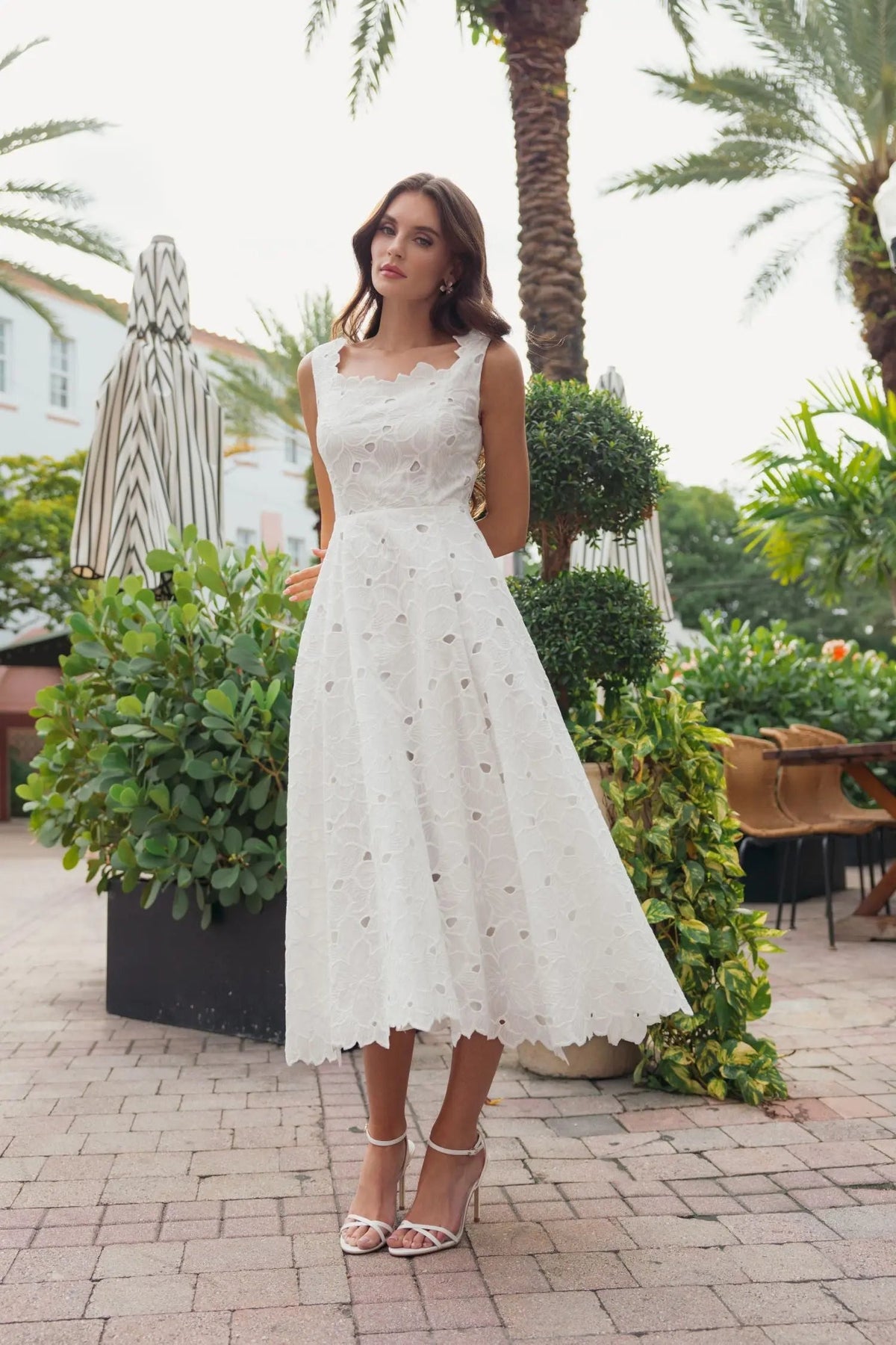 Mac Duggal White Embroidered Cotton A-Line Midi Dress