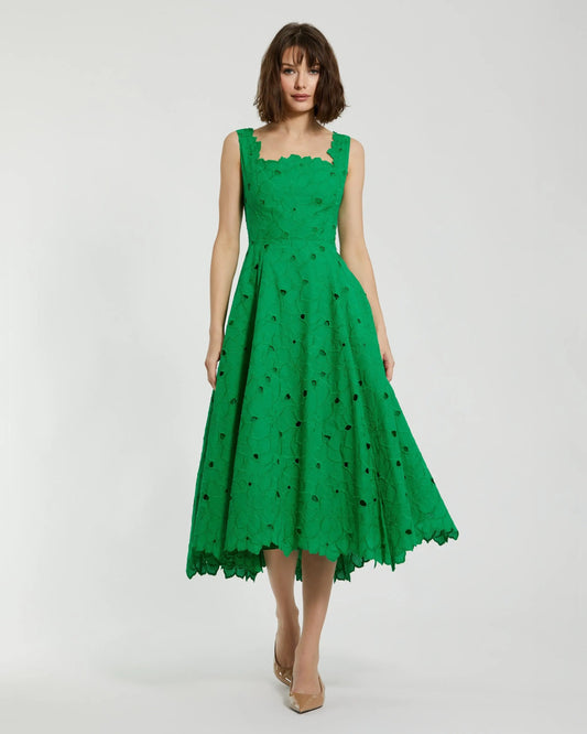 Mac Duggal Green Embroidered Cotton A-Line Midi Dress