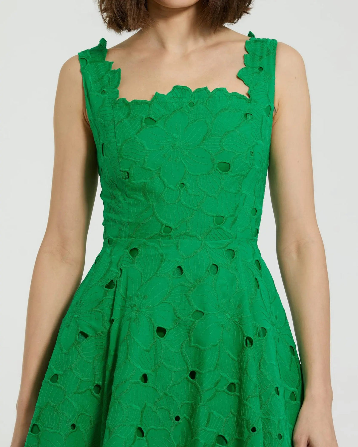 Mac Duggal Green Embroidered Cotton A-Line Midi Dress