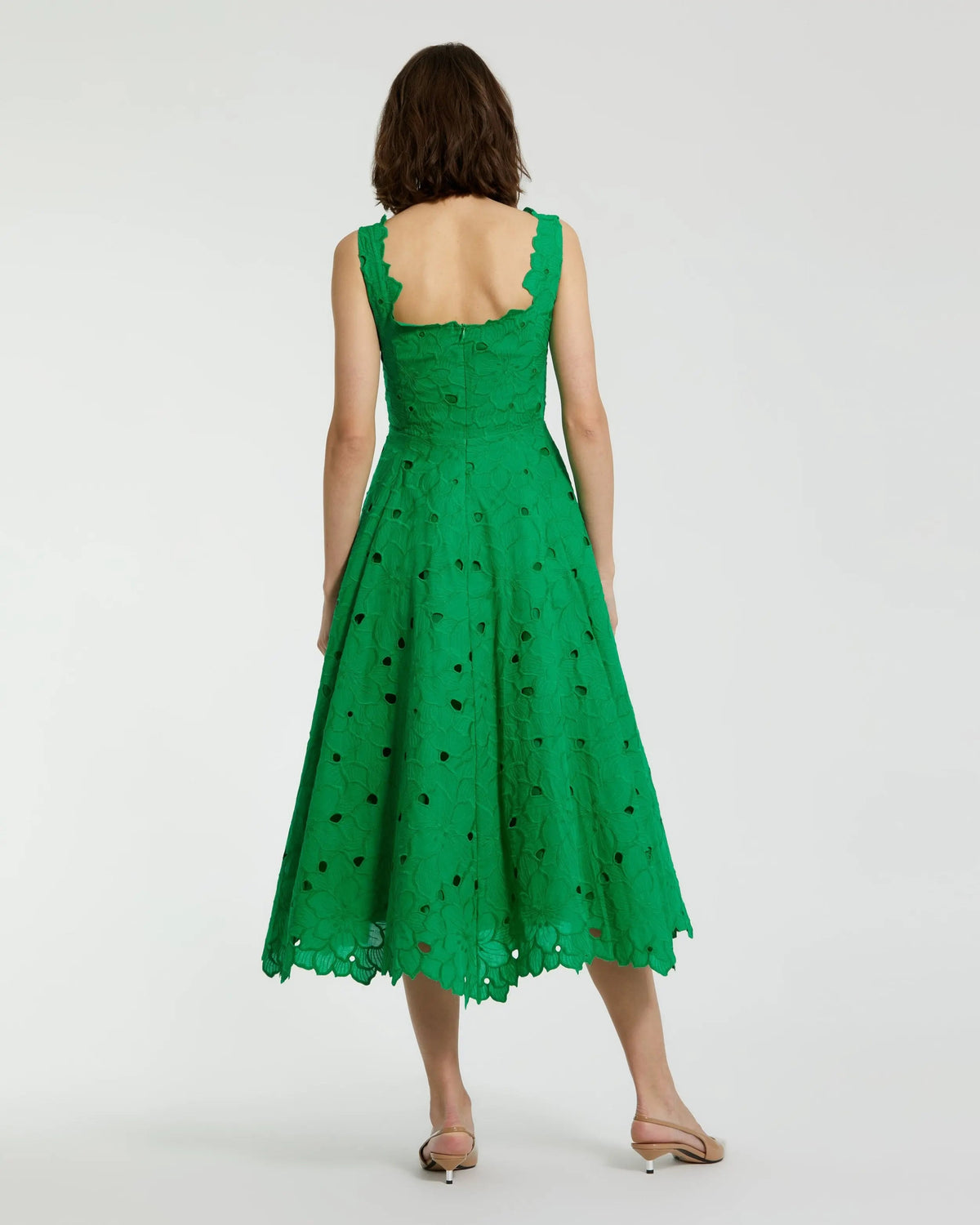 Mac Duggal Green Embroidered Cotton A-Line Midi Dress