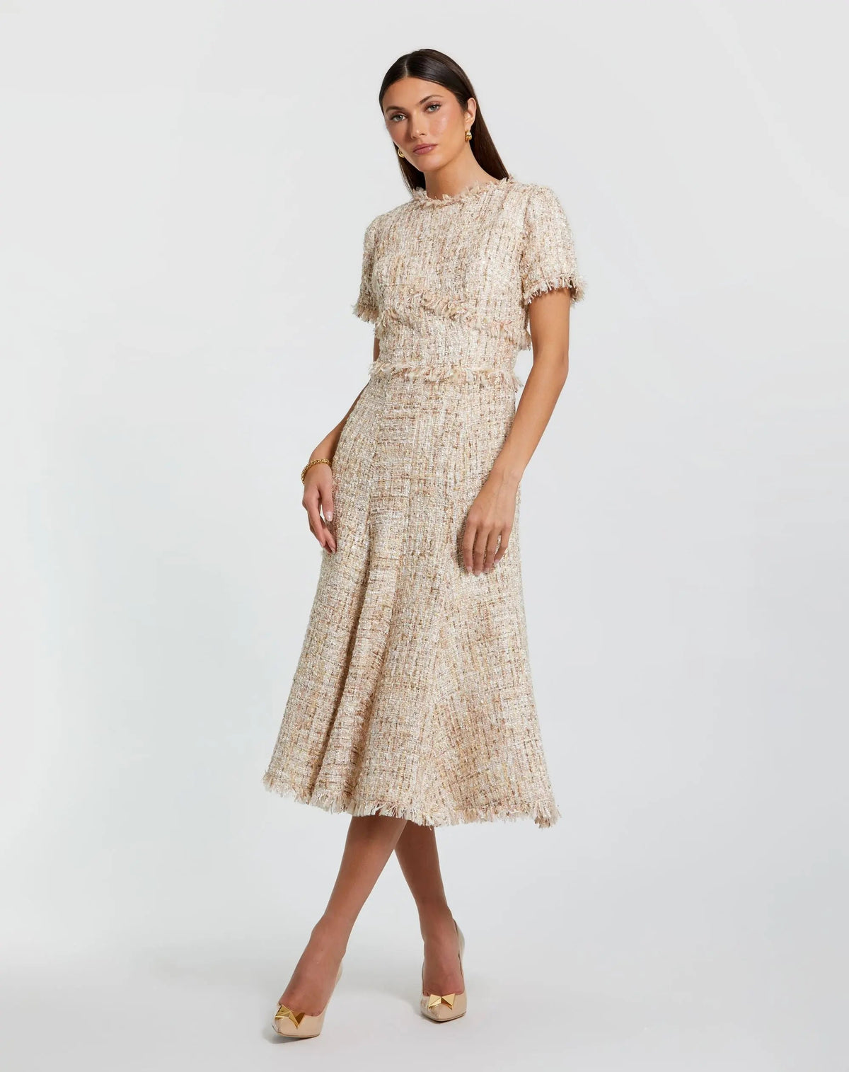 Mac Duggal Petite Beige Boucle Short Sleeve A Line Midi Dress