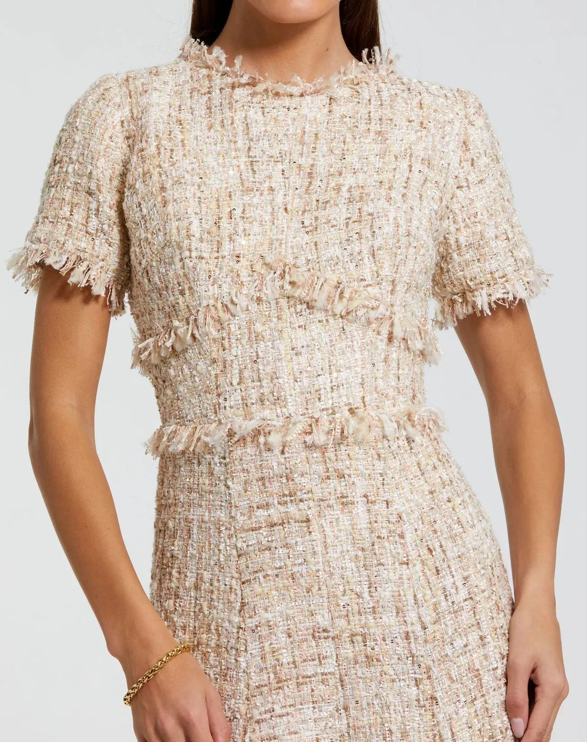Mac Duggal Petite Beige Boucle Short Sleeve A Line Midi Dress