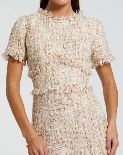 Mac Duggal Petite Beige Boucle Short Sleeve A Line Midi Dress