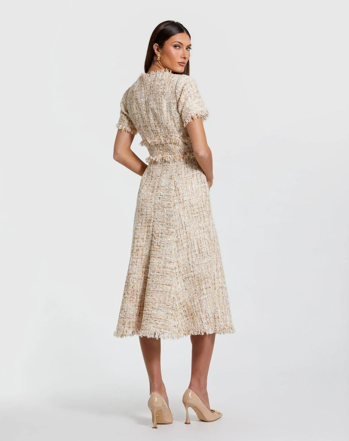 Mac Duggal Petite Beige Boucle Short Sleeve A Line Midi Dress