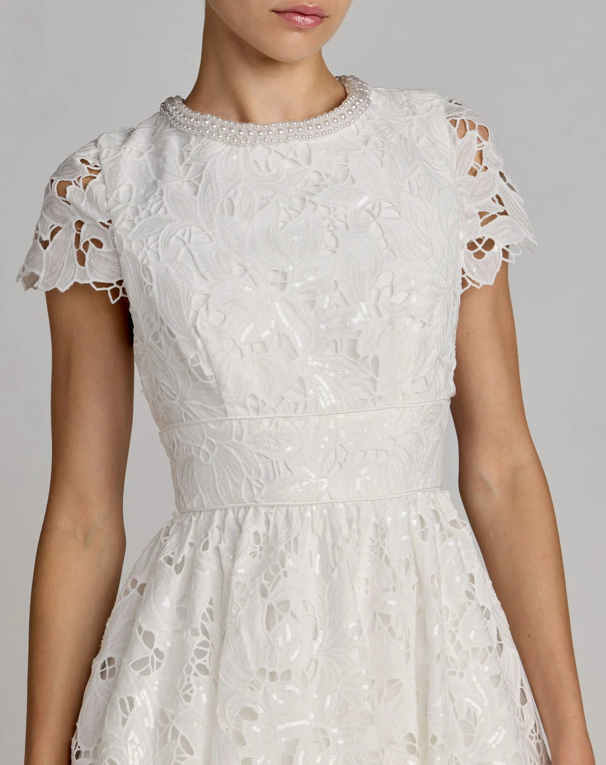 Mac Duggal White Embroidered Lace A Line Midi Dress