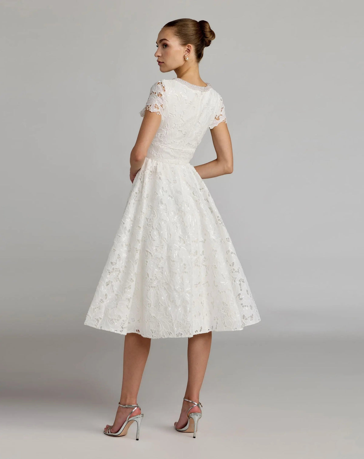 Mac Duggal White Embroidered Lace A Line Midi Dress