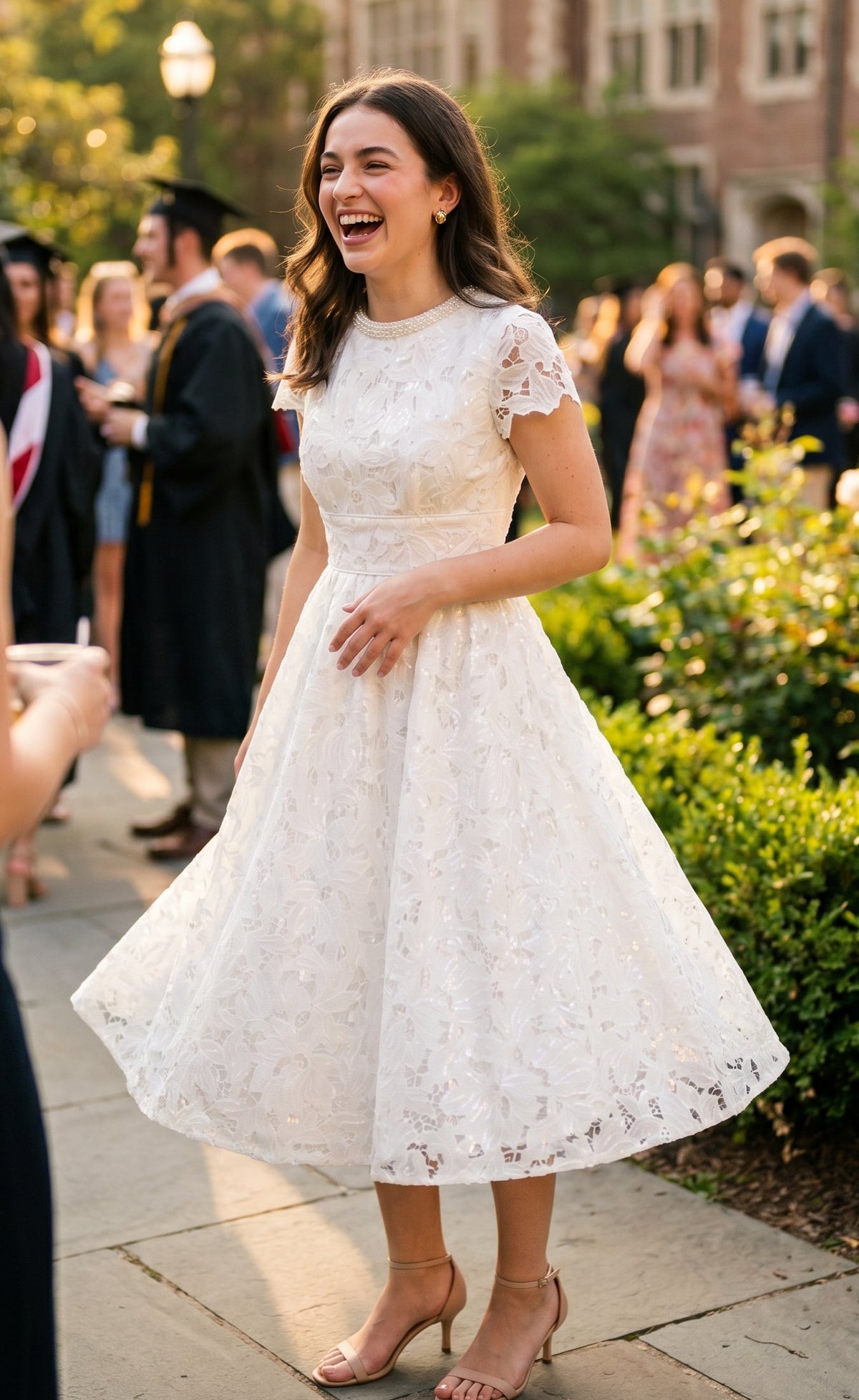 Mac Duggal White Embroidered Lace A Line Midi Dress