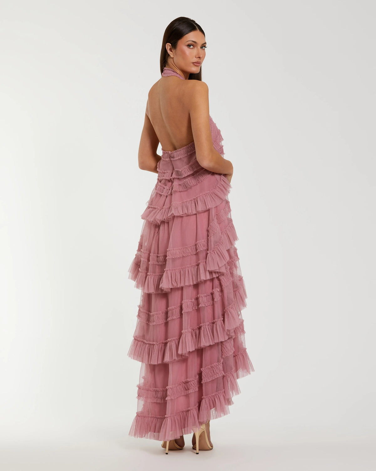 Mac Duggal Pink Tiered Ruffle Halter Neck Midi Dress