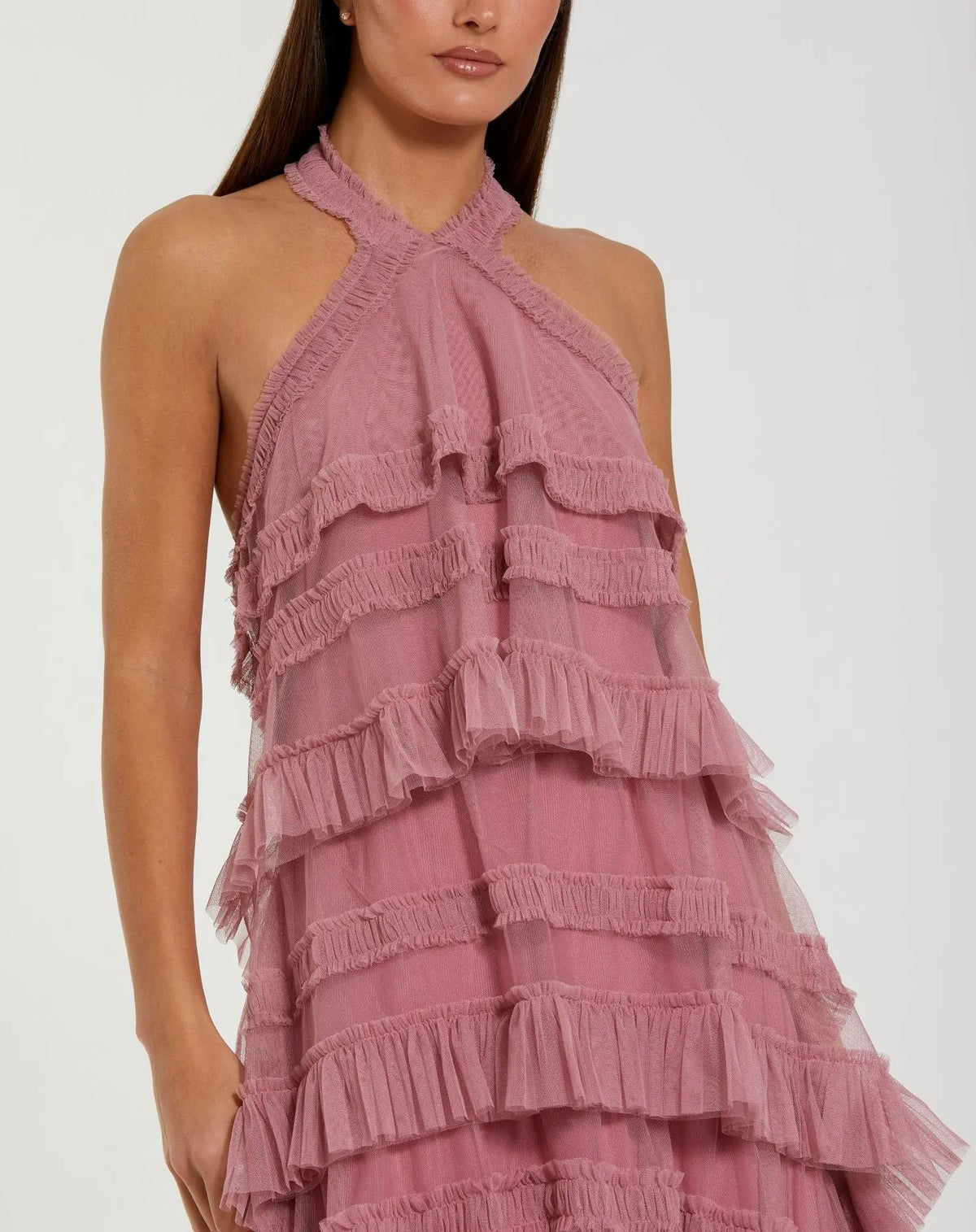 Mac Duggal Pink Tiered Ruffle Halter Neck Midi Dress