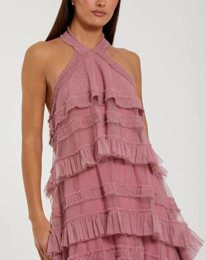 Mac Duggal Pink Tiered Ruffle Halter Neck Midi Dress