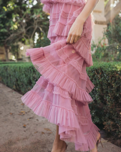 Mac Duggal Pink Tiered Ruffle Halter Neck Midi Dress