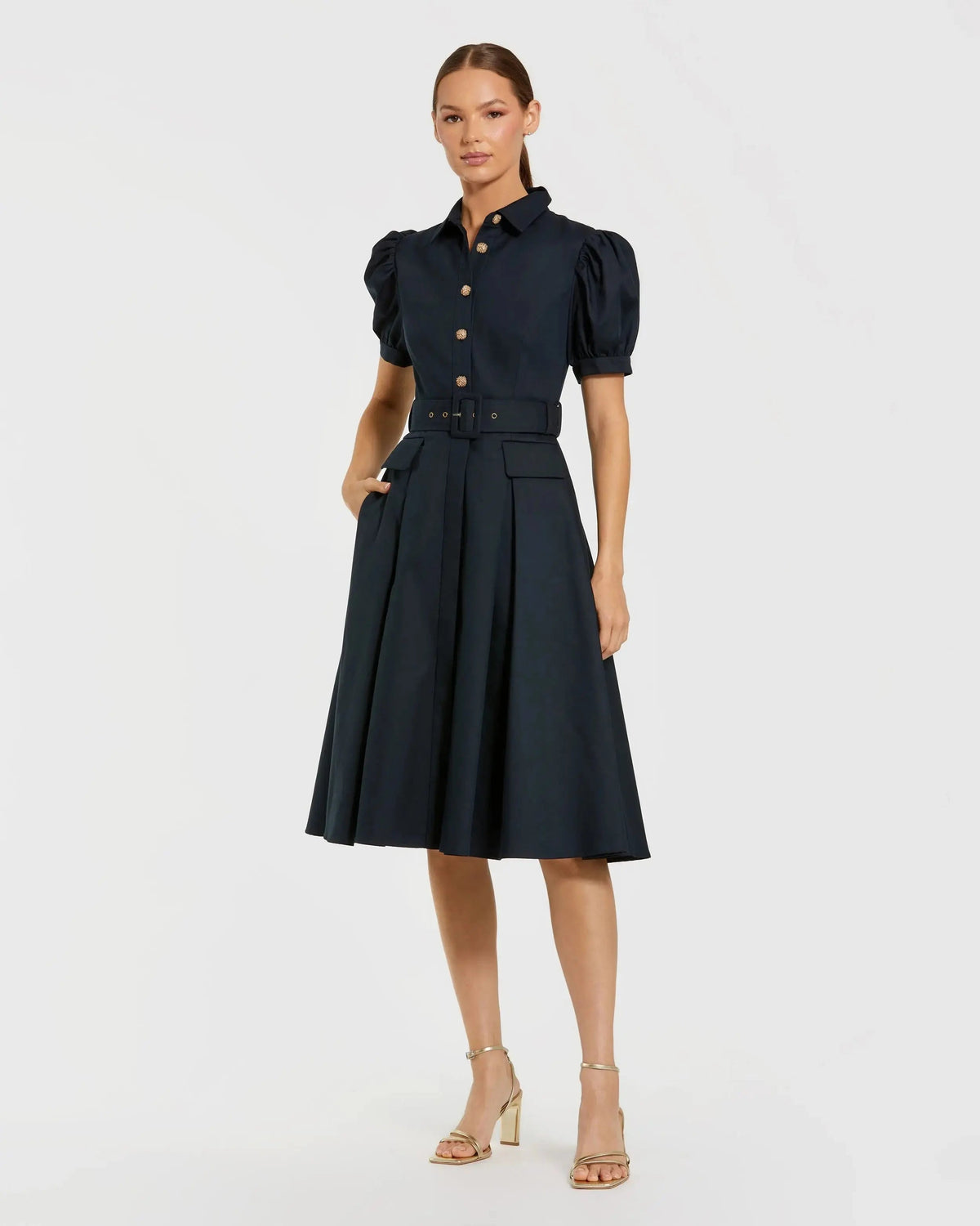 Mac Duggal Navy Puff Sleeve Belted Midi Shirt Dress Mac Duggal